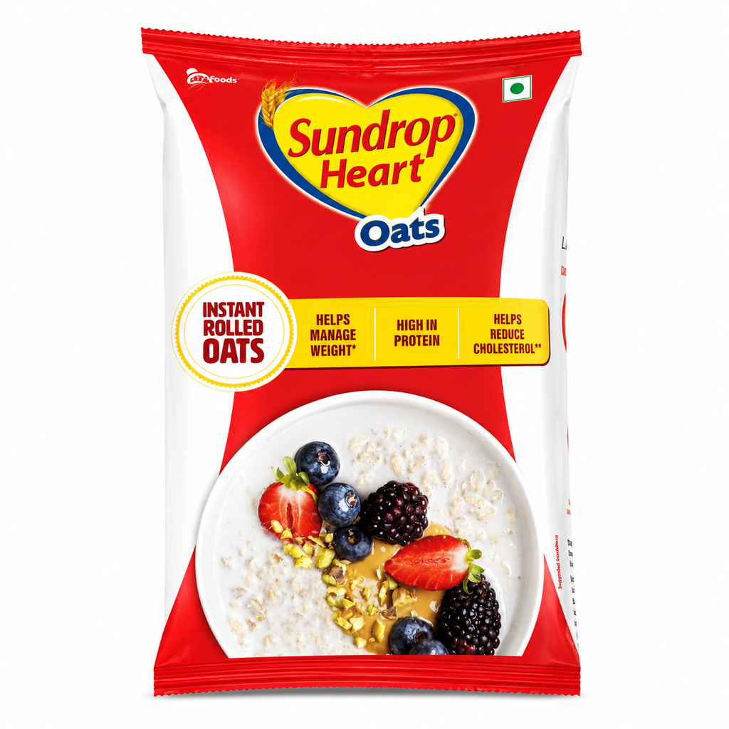 Sundrop Heart Rolled Oats 1Kg | High Fiber & Protein Oats | Instant Breakfast Oats Ready in 3 Min | Overnight Oats, Healthy Cereal for Daily Nutrition