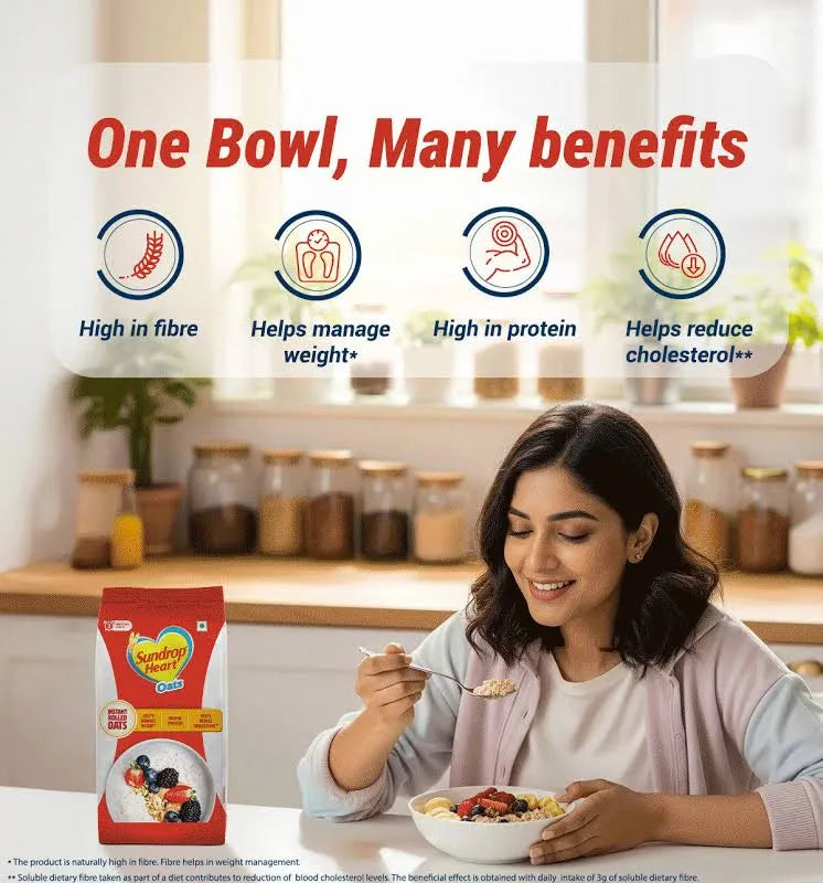 Sundrop Heart Rolled Oats 1Kg | High Fiber & Protein Oats | Instant Breakfast Oats Ready in 3 Min | Overnight Oats, Healthy Cereal for Daily Nutrition
