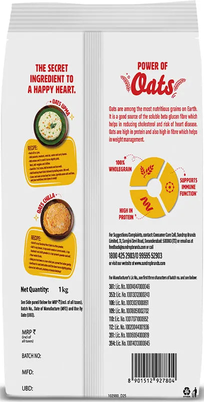 Sundrop Heart Rolled Oats 1Kg | High Fiber & Protein Oats | Instant Breakfast Oats Ready in 3 Min | Overnight Oats, Healthy Cereal for Daily Nutrition
